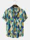 Mens Irregular Geometric Print Lapel Street Short Sleeve Shirts - Blue