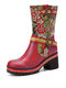 Socofy Retro Exquisite Calico Embroidery Leather Patchwork Buckle Design Side Zipper Chunky Heel Comfy Non-slip Mid Calf Boots - Red