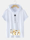 Mens Japanese Cute Cat Print Short Sleeve Drawstring Hooded T-Shirts - White