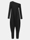 Solid Color One-shoulder Long Sleeve Casual Jumpsuit - Black