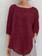 Solid 3/4 Sleeve Crew Neck Blouse For Women - Wine Red