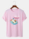 Mens Cartoon Cat Character Print Crew Neck Short Sleeve T-Shirts - Pink