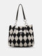 Women Plush Fashion Argyle Pattern Color Matching Winter Handbag Tote - Black