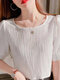 Solid Textured Short Sleeve Crew Neck Casual Blouse - White