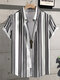 Mens Casual Striped Lapel Collar Camisas de manga curta - Preto