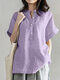 Solid Button Stand Collar Short Sleeve Loose Casual Blouse - Purple