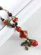 Vintage Geometric Beaded Leaves Hand-woven Ceramics Copper Long Sweater Necklace - Red