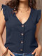 Blusa feminina lisa com decote em V e botão frontal babado sem mangas - Azul escuro