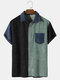 Mens Tricolor Stitching Pocket Lapel Corduroy Cozy Short Sleeve Preppy Shirt - Black