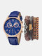 5 Pcs/Set PU Alloy Men Business Casual Watch Decorated Pointer Quartz Watch Bracelets - Gold+Blue