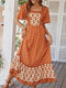 Bohemian Floral Print Square Collar Short Sleeve Maxi Dress - Orange