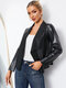 Solid PU Leather Shawl Collar Long Sleeve Jacket - Black