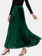 Solid Color Elastic Waist Long Pleated Skirt For Women - Dark Green