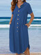 Solid Curved Hem Button Pocket Short Sleeve Shirt Dress - Blue