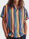 Camisas de manga corta con cuello de solapa informal a rayas para hombre - naranja