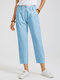 Solid Color Plain Pocket Button Casual Pants For Women - Blue