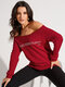 Letters Graphic Print Off The Shoulder Long Sleeve T-shirt - Wine Red