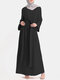 Solid Color Knotted Long Sleeve Maxi Muslim Dress - Black