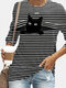 تي شيرت كاجوال مخطط بأكمام طويلة وياقة دائرية وطبعة قطة للنساء - اللون الرمادي