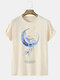 Mens Starry Sky Moon Print Crew Neck Cotton Casual Short Sleeve T-Shirts - Khaki