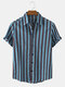 Mens Striped Cotton Breathable Casual Short Sleeve Shirts - Blue