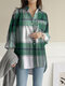 Check Loose High-low Long Sleeve Lapel Button Down Shirt - Green