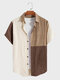 Mens Color Block Patchwork Lapel Collar Short Sleeves Shirts - Khaki