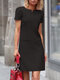 Women Solid Notched Neck Casual Short Sleeve Dress - Black