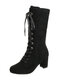 Women Large Size Suede Front Lace-up Cross Strap High Heel Boots - Black