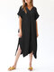 Vintage V-neck Short Sleeve Split Hem Plus Size Dress - Black