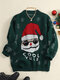 Christmas Cartoon Santa Claus Long Sleeve Crew Neck Sweater - Green