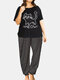 Plus Size Cartoon Cats Pajamas Set Cute Women Softies Sleepwear With Long Polka Dot Pants - Black