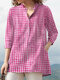 Allover Plaid Print Pocket Stand Collar 3/4 Sleeve Blouse - Pink