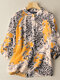 Women Leopard Print Stand Collar 3/4 Sleeve Blouse - Yellow