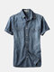 Camisas casuais com vários bolsos costuradas 100% algodão jeans manga curta para homens - Azul