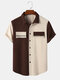 Chemises à manches courtes en velours côtelé avec patchwork bicolore pour hommes - marron