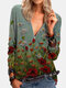 Flower Print Zipper V-neck Long Sleeve Vintage Blouse For Women - Green