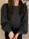Solid Puff Long Sleeve Pleated Crew Neck Blouse For Women - Black