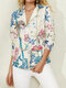Calico Print Lapel Long Sleeve Button Casual Shirt For Women - Blue