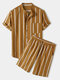 Mens 100% Cotton Striped Stand Collar Casual Striped Shrits&Bottoms Two Pieces Outfits - Brown