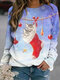 Christmas Cat Print Long Sleeve Casual O-neck Sweatshirt For Women - Blue