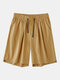 Men 100% Cotton Solid Color Drawstring Casual Shorts - Khaki