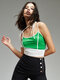 Contrast Color Irregular Open Back Knotted Two Piece Crop Top - White