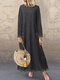 महिला लेस पैचवर्क डबल पॉकेट लंबी आस्तीन वाली कैज़ुअल ड्रेस - अंधेरे भूरा