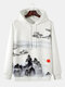 Mens Chinese Style Mountain Scenery Printed Overhead Drawstring Hoodies - White