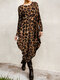 Leopard Print Long Sleeves O-neck Casual Dress - Brown