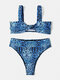 Women Leopard Print Tie Front Wide Shoulder Strap High Waist Bikinis Swimsuit - Blue