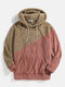 Mens Two Tone Patchwork Fluffy Plush Loose Casual Drawstring Hoodies - Pink