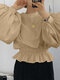 Solide Puffärmel Rüschensaum Elegante Bluse mit Rundhalsausschnitt - Khaki