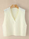 Solid Color V-neck Knit Sleeveless Sweater - White